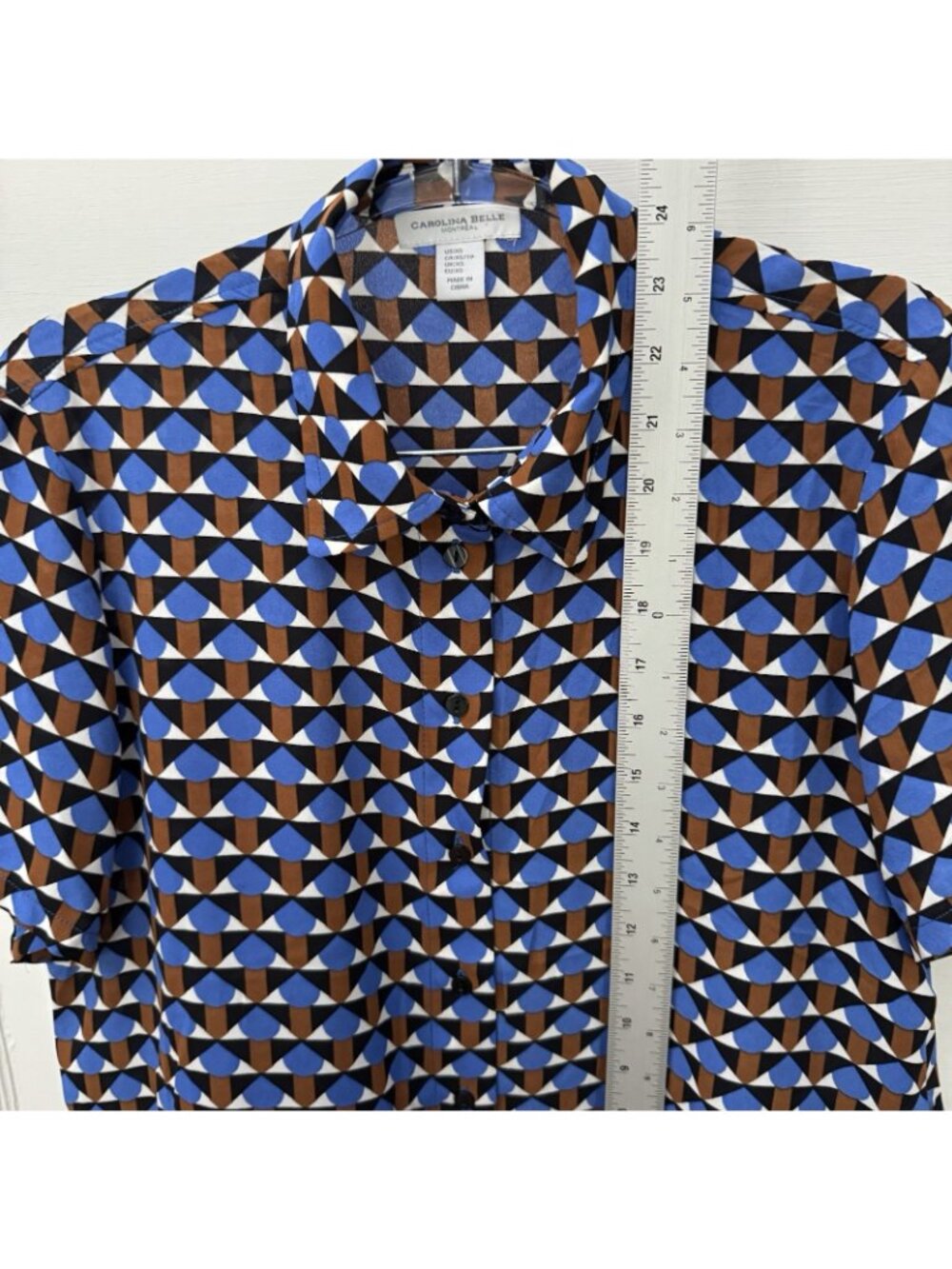 Carolina Belle Montreal XS Blue Brown Geometric Short Sleeve Button Up Blouse - Picture 7 of 8